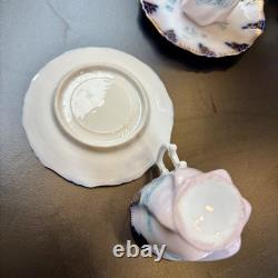 Antique Porcelain Demi Tasse Cups & Saucers Chocolate Pot Pink +Blue Flowers Vtg
