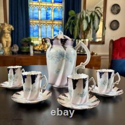 Antique Porcelain Demi Tasse Cups & Saucers Chocolate Pot Pink +Blue Flowers Vtg