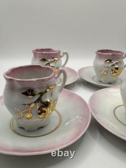 Antique Porcelain Demitasse Cups & Saucers Set of 4 Pink & Gold Hand Painted