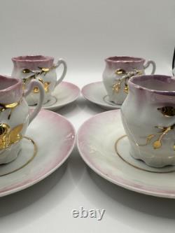 Antique Porcelain Demitasse Cups & Saucers Set of 4 Pink & Gold Hand Painted