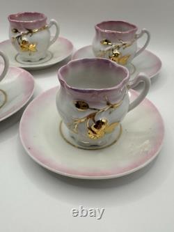 Antique Porcelain Demitasse Cups & Saucers Set of 4 Pink & Gold Hand Painted