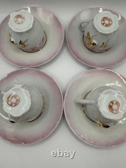 Antique Porcelain Demitasse Cups & Saucers Set of 4 Pink & Gold Hand Painted