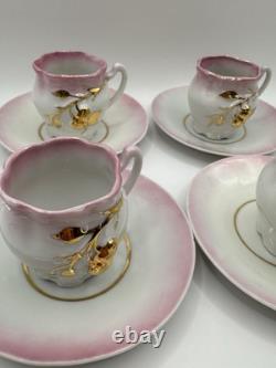 Antique Porcelain Demitasse Cups & Saucers Set of 4 Pink & Gold Hand Painted