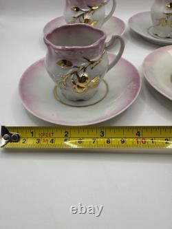 Antique Porcelain Demitasse Cups & Saucers Set of 4 Pink & Gold Hand Painted