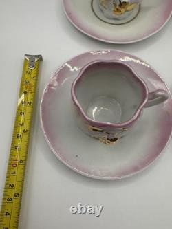 Antique Porcelain Demitasse Cups & Saucers Set of 4 Pink & Gold Hand Painted