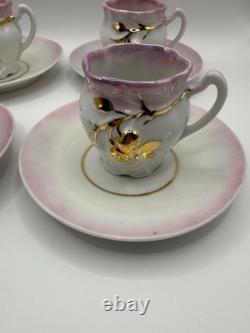 Antique Porcelain Demitasse Cups & Saucers Set of 4 Pink & Gold Hand Painted
