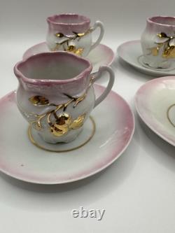 Antique Porcelain Demitasse Cups & Saucers Set of 4 Pink & Gold Hand Painted