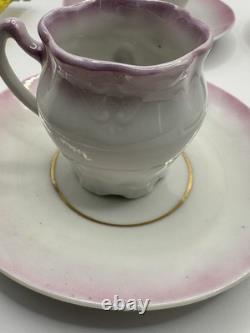Antique Porcelain Demitasse Cups & Saucers Set of 4 Pink & Gold Hand Painted