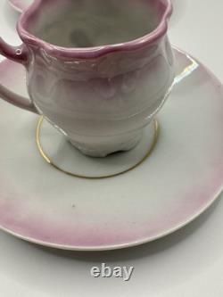 Antique Porcelain Demitasse Cups & Saucers Set of 4 Pink & Gold Hand Painted