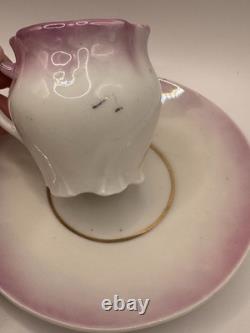 Antique Porcelain Demitasse Cups & Saucers Set of 4 Pink & Gold Hand Painted