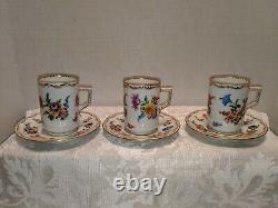Antique RK Richard Klemm Dresden Floral Demitasse Cups & Saucers c1891 (3)