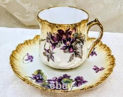 Antique Redon Limoges Violets Demitasse Cup & Saucer Gold 1890s Twisted Branch