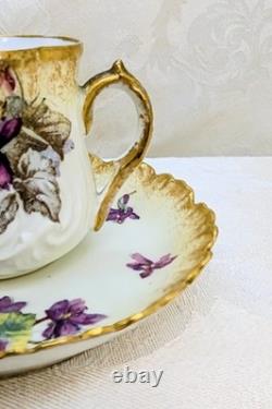 Antique Redon Limoges Violets Demitasse Cup & Saucer Gold 1890s Twisted Branch