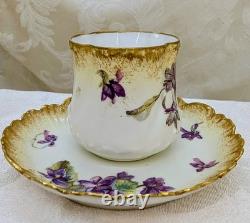 Antique Redon Limoges Violets Demitasse Cup & Saucer Gold 1890s Twisted Branch