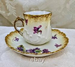 Antique Redon Limoges Violets Demitasse Cup & Saucer Gold 1890s Twisted Branch