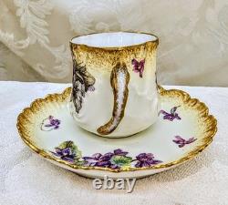 Antique Redon Limoges Violets Demitasse Cup & Saucer Gold 1890s Twisted Branch