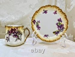 Antique Redon Limoges Violets Demitasse Cup & Saucer Gold 1890s Twisted Branch