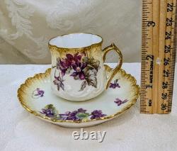 Antique Redon Limoges Violets Demitasse Cup & Saucer Gold 1890s Twisted Branch