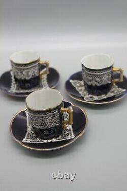 Antique Rigo Venezia Set of 3 Demitasse Cobalt Lace cups and saucers