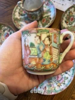 Antique Rose Medallion Four Saucers And Two Demitasse Cups