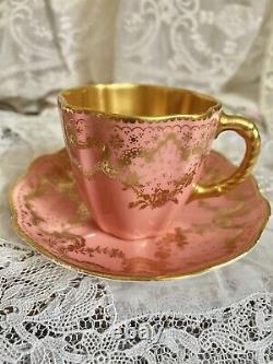Antique Royal Crown Derby Demitasse Cup Saucer Set Pink Gold 2644