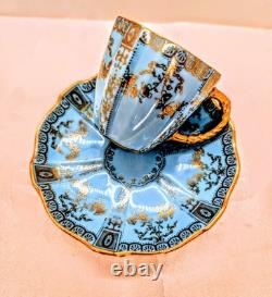 Antique Royal Crown Derby Demitasse Cup Saucer Turquoise Blue 24k Heavy Gold