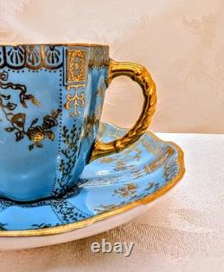 Antique Royal Crown Derby Demitasse Cup Saucer Turquoise Blue 24k Heavy Gold