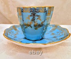 Antique Royal Crown Derby Demitasse Cup Saucer Turquoise Blue 24k Heavy Gold