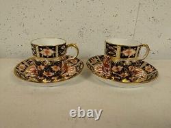 Antique Royal Crown Derby Porcelain Imari 2451 Pair of Demitasse Cups & Saucers