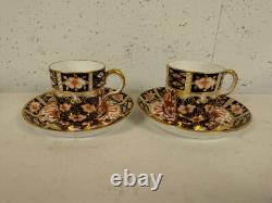 Antique Royal Crown Derby Porcelain Imari 2451 Pair of Demitasse Cups & Saucers