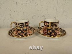 Antique Royal Crown Derby Porcelain Imari 2451 Pair of Demitasse Cups & Saucers