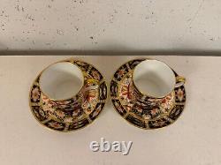 Antique Royal Crown Derby Porcelain Imari 2451 Pair of Demitasse Cups & Saucers