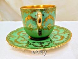 Antique Royal Doulton Seafoam Green Demitasse Cup Saucer Heavy Gold Early 1900s
