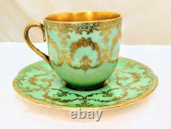 Antique Royal Doulton Seafoam Green Demitasse Cup Saucer Heavy Gold Early 1900s