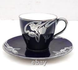 Antique Royal Doulton Sterling Silver Overlay Flambe Teacup & Saucer Cobalt Blue