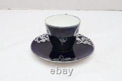 Antique Royal Doulton Sterling Silver Overlay Flambe Teacup & Saucer Cobalt Blue