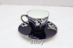 Antique Royal Doulton Sterling Silver Overlay Flambe Teacup & Saucer Cobalt Blue