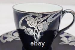 Antique Royal Doulton Sterling Silver Overlay Flambe Teacup & Saucer Cobalt Blue