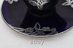 Antique Royal Doulton Sterling Silver Overlay Flambe Teacup & Saucer Cobalt Blue