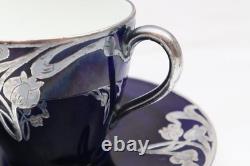 Antique Royal Doulton Sterling Silver Overlay Flambe Teacup & Saucer Cobalt Blue