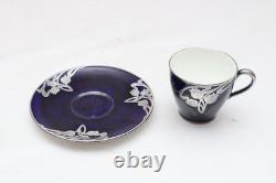 Antique Royal Doulton Sterling Silver Overlay Flambe Teacup & Saucer Cobalt Blue