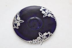 Antique Royal Doulton Sterling Silver Overlay Flambe Teacup & Saucer Cobalt Blue