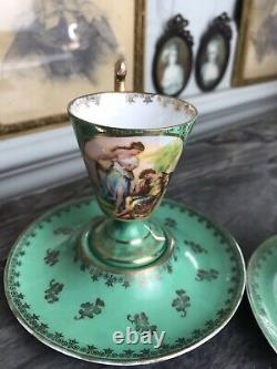 Antique Royal Vienna Bavaria mint green demitasse hot chocolate cups & saucers