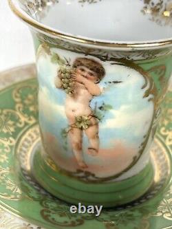 Antique Royal Vienna Demitasse Cherubs Cup & Saucer Green Gold 3