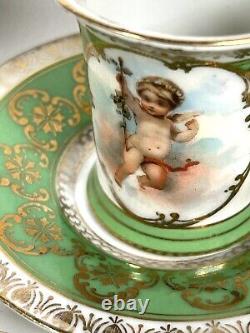 Antique Royal Vienna Demitasse Cherubs Cup & Saucer Green Gold 3