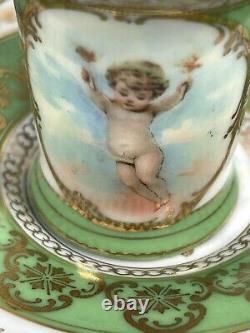 Antique Royal Vienna Demitasse Cherubs Cup & Saucer Green Gold 3