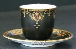 Antique Royal Worcester Demitasse Cup & Saucer Black Satin Jeweled Teacup