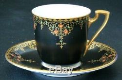 Antique Royal Worcester Demitasse Cup & Saucer Black Satin Jeweled Vintage Deco