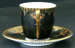 Antique Royal Worcester Demitasse Cup & Saucer Black Satin Jeweled Vintage Deco