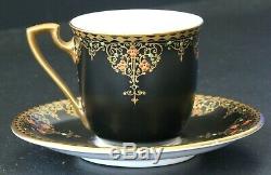 Antique Royal Worcester Demitasse Cup & Saucer Black Satin Jeweled Vintage Deco